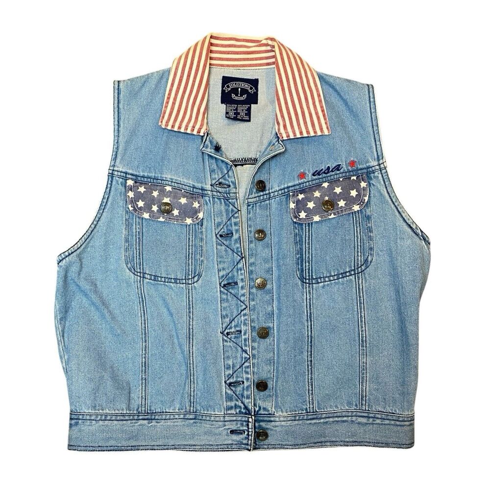 Solutions Denim USA Vest Stars Stripes Embroidered Patriotic Red White Blue Sz M